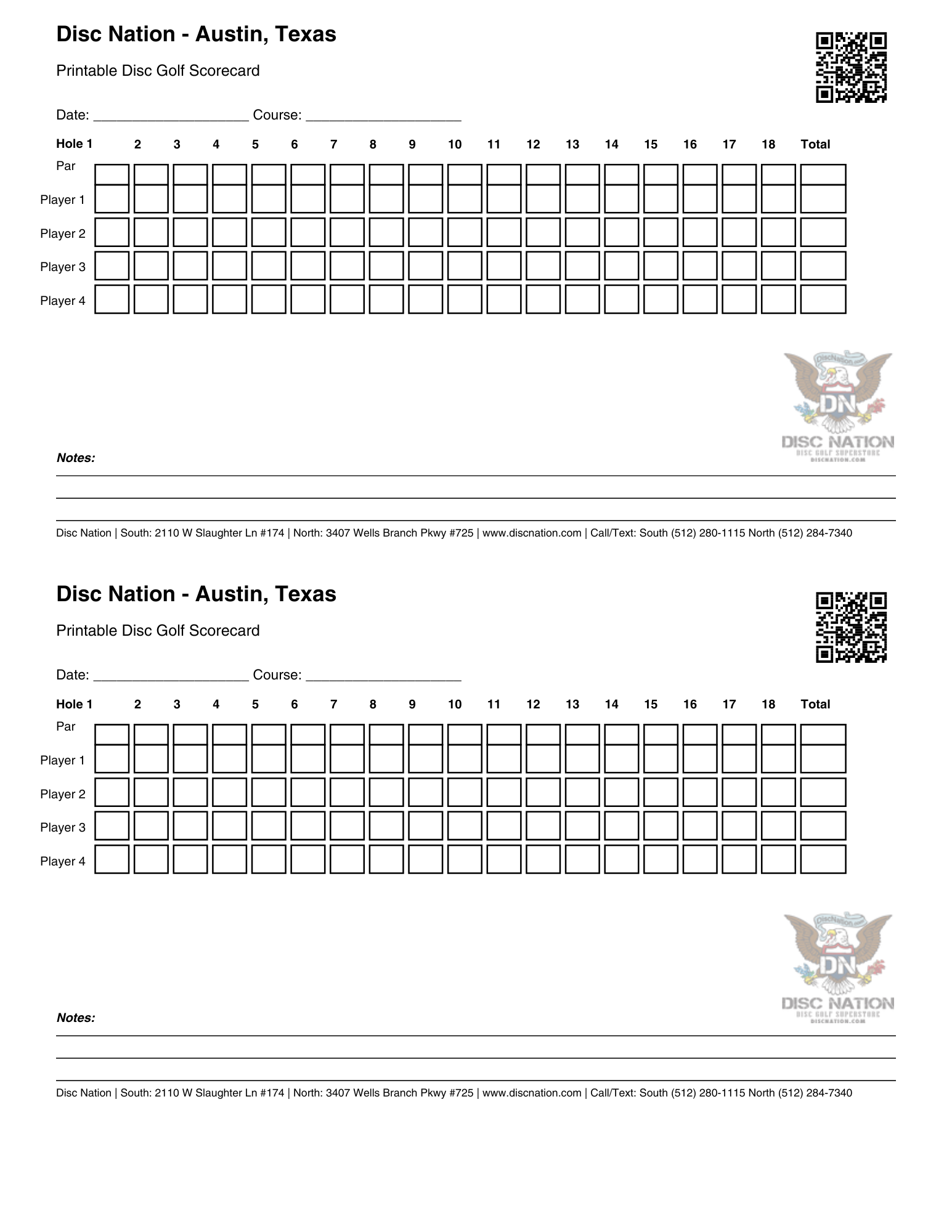 Free Downloadable Disc GOlf Scorecard
