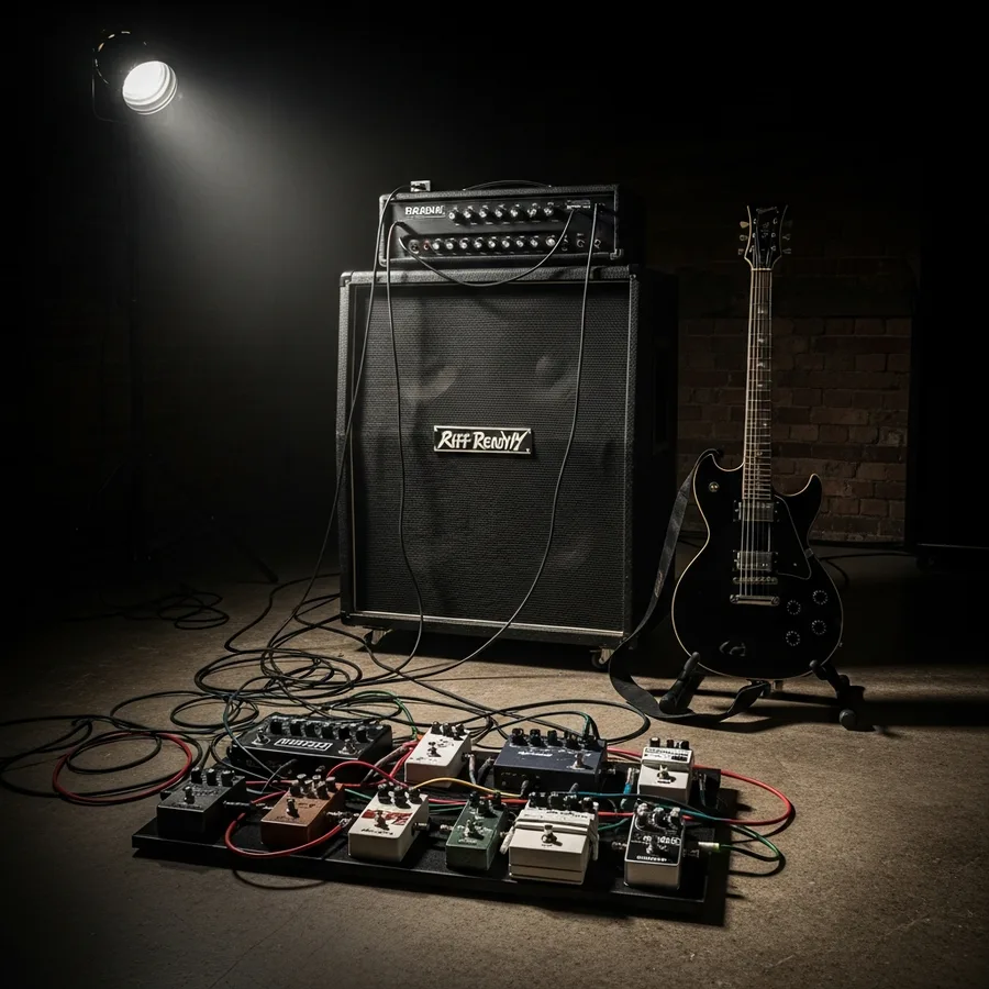 A metal guitarist's rig: head, cab and pedalboard