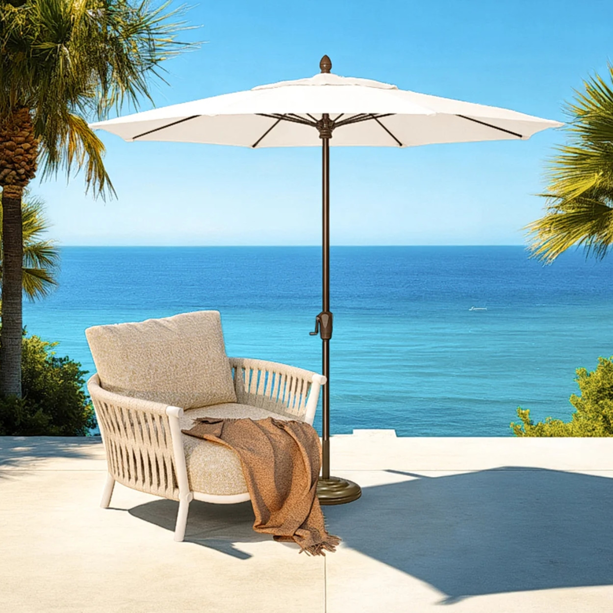 aluminum patio umbrella sunbrella 12 FT Cantilever with Base Outdoor Offset Umbrella round Shade with Tilt Adjustment (Flax, 12 FT-SUNBRELLA) top Sunbrella canopy resists fading/moisture California Umbrella 11' x 8'