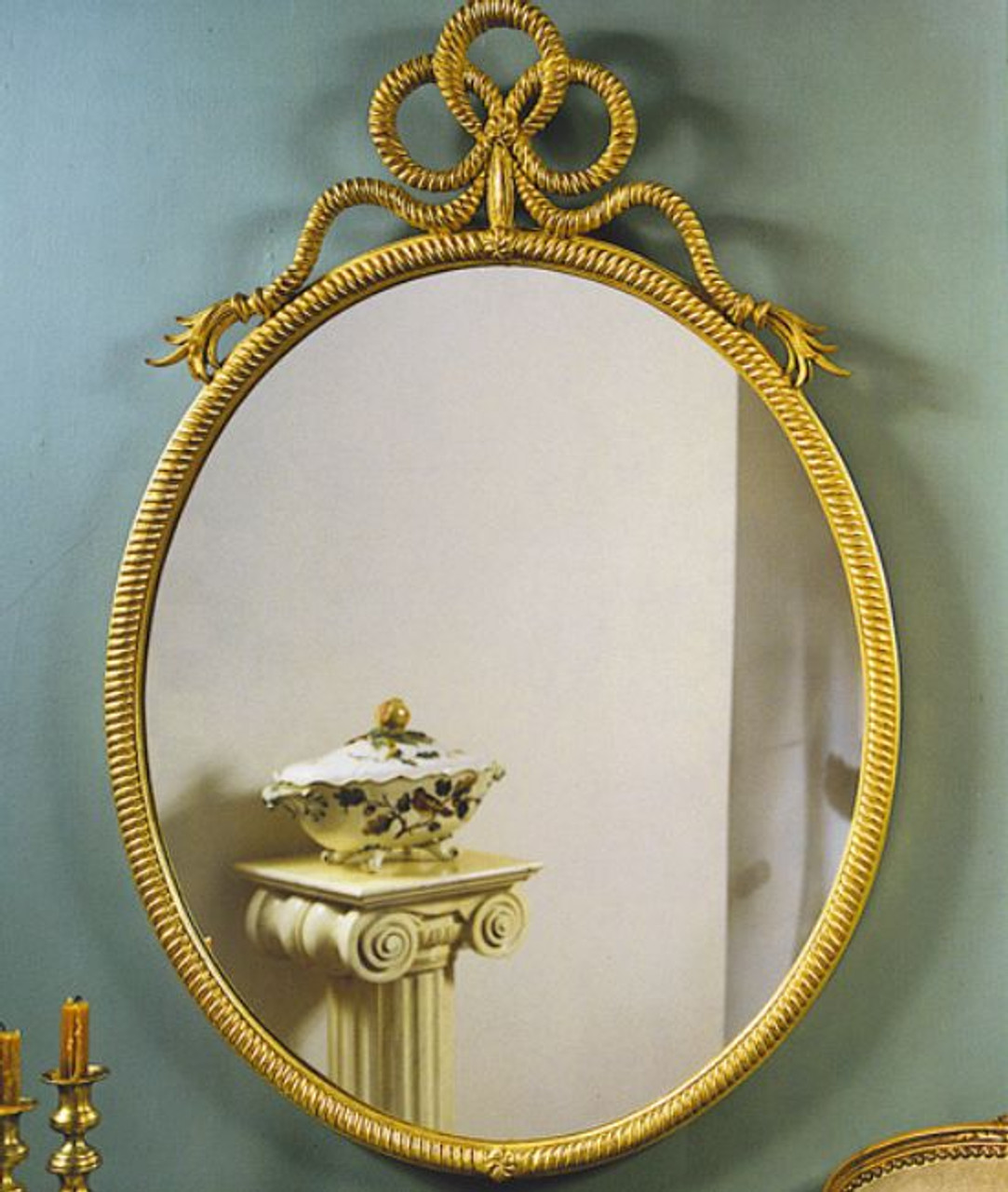 Rope and Tassel Bow Oval Mirror Antique Gold Leaf w\/beveled Mirror