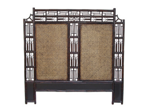 Queen size Indochine Headboard in Dark Roast Rub rattan finish and Dark Roast Rub seating