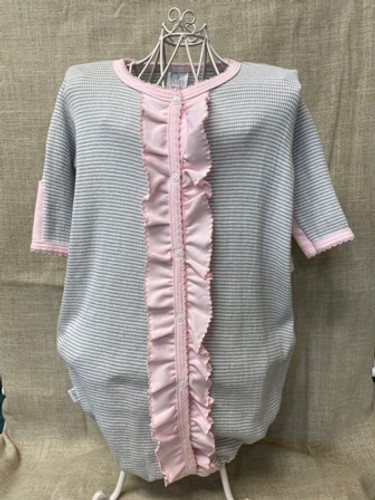 Long Sleeve Gray Striped Gown With Pink Ruffles 3 Months