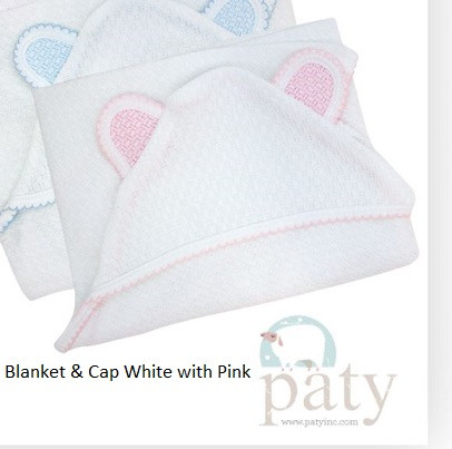 White Blanket With Pink Trim And Hood With Pink Ears Paty