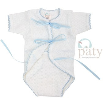 Creeper With Ribbon Ties Preemie  White With Blue Trim Paty