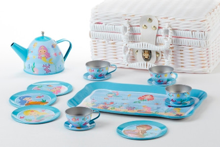 Tea Set 15 Piece Tin Tea Set In Basket With Mermaid