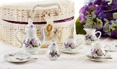 Teaset Porcelain In Basket Violets Set