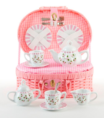 Teaset Porcelain In Basket Button Rose Set