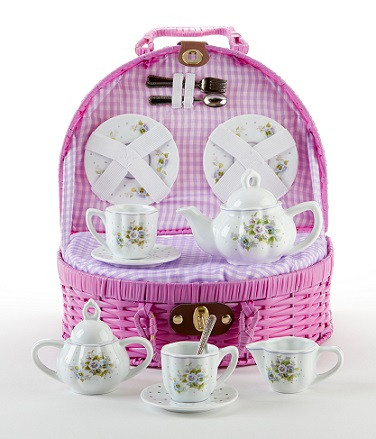 Teaset Porcelain In Basket Pansy Set