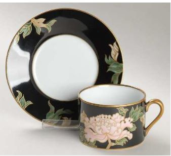 Cloisonne Peony Black Fitz And Floyd Cup And Saucer