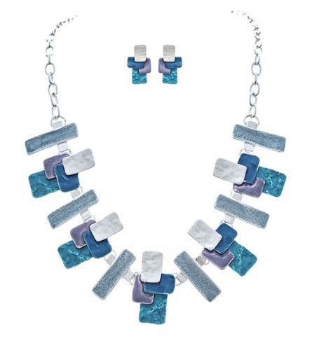 Silver Mlt Blue Layered Blocks Necklace