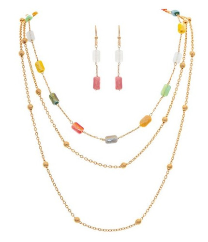 Gold Mlt Rectangle Glass Bead Layer Necklace