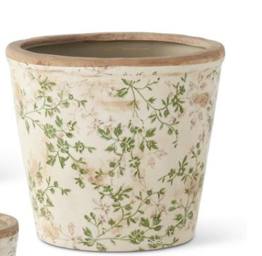 6.5 in Cream and Green - Floral Ceramic Pot - K and K Interiors