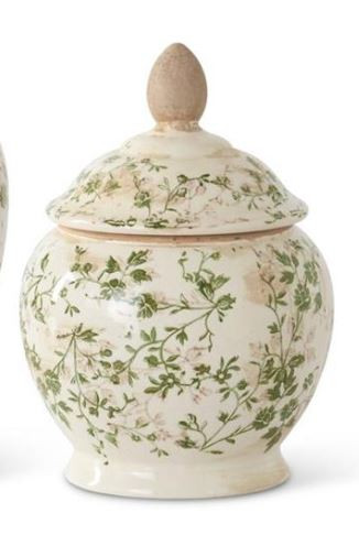 14.25 inch Cream and Green - Floral Ceramic Lidded Container - K and K Interiors