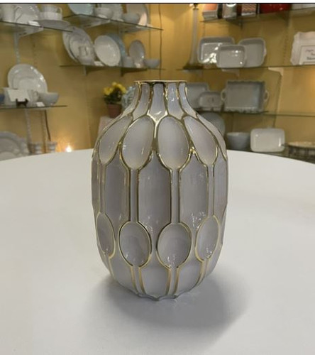 8.25 in White Glass and Gold - Gold Oval Embossed Vase - K and K Interiors