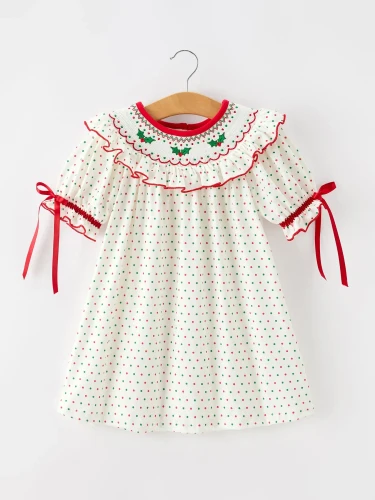 Christmas Dot Girls Dress-Smocked Ruffle Collar