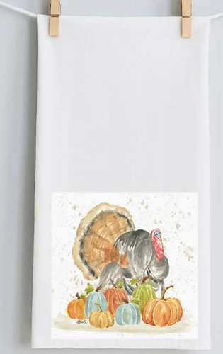 Standard Tea Towel - Haley Turkey With Pumpkins Tea Towel
