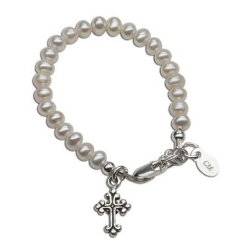 Olivia Small Silver Freshwater Pearl And Cross Bracelet