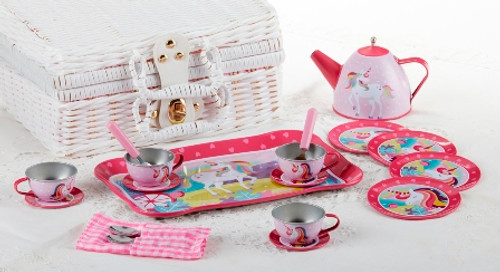Tea Set 19 Piece Tin Tea Set In Basket With Unicorn