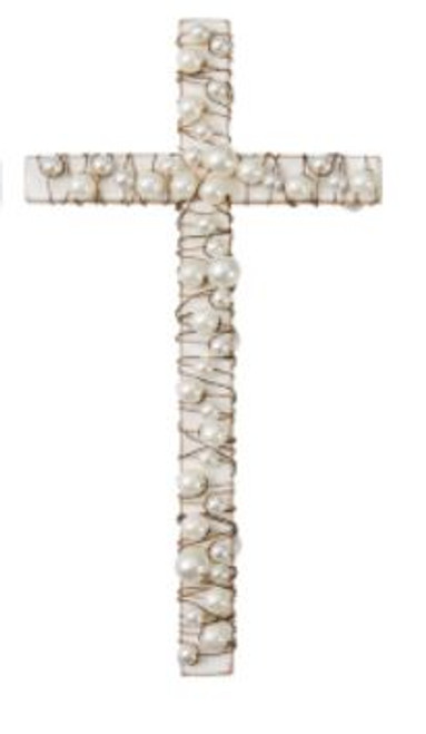 White Wood Cross With Pearls Mud Pie