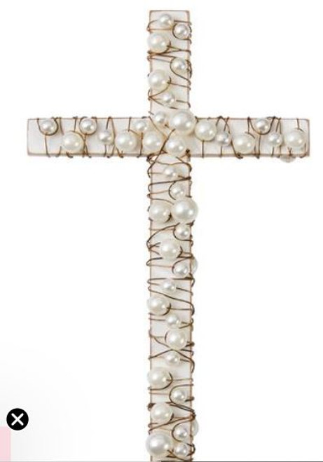 White Wood Cross With Pearls M