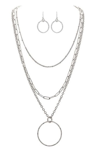 Silver Circle 3 Chain Layer Necklace