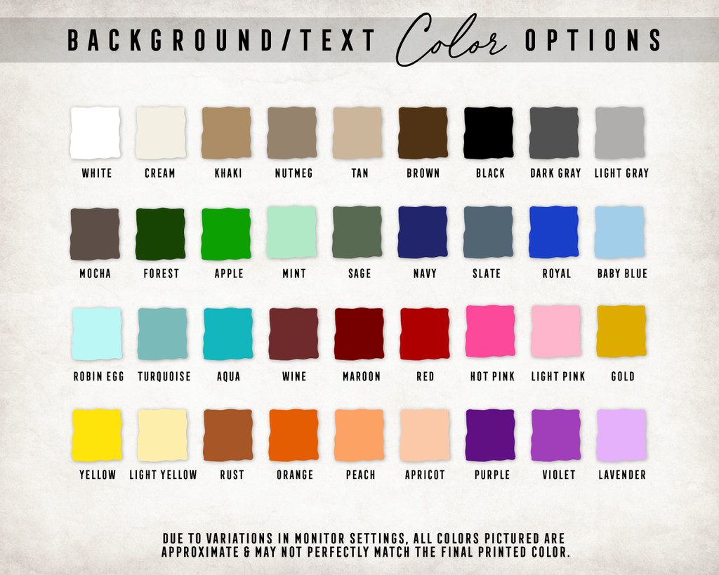 color chart showing all background and text color options available on a custom canvas print