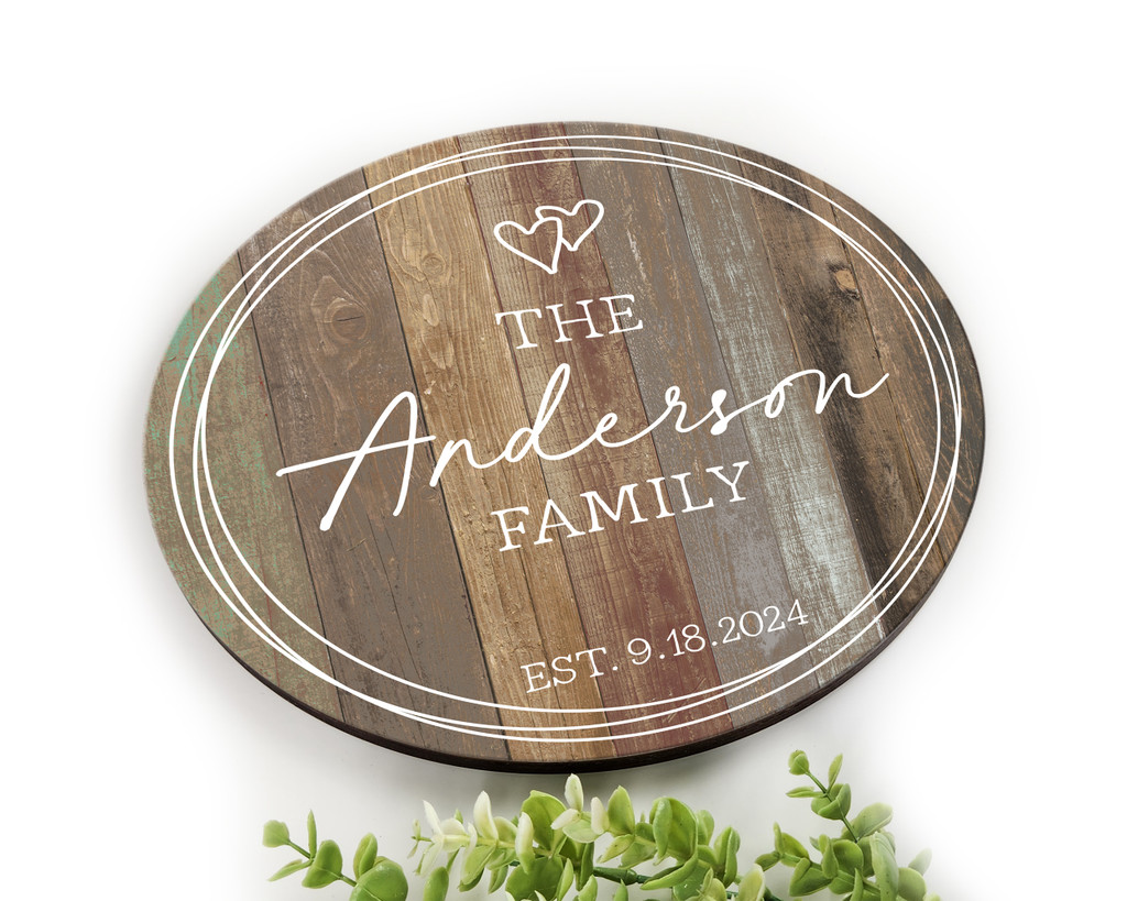 Custom round wood wedding sign with family name and established date, rustic farmhouse wall art and personalized gift for weddings, anniversaries, and new homes.