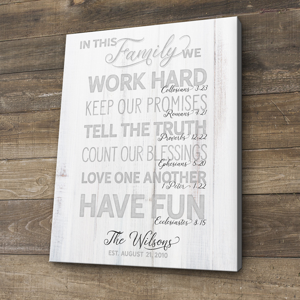 family rules with scripture on a white wood rustic background featuring the family's last name and wedding date