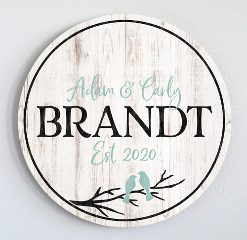 Wood family name sign Love Birds