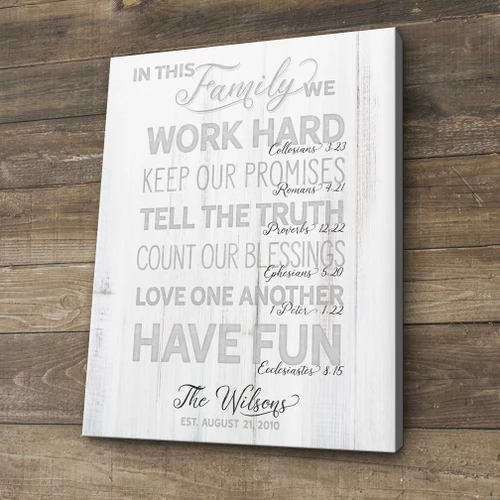 family rules with scripture on a white wood rustic background featuring the family's last name and wedding date