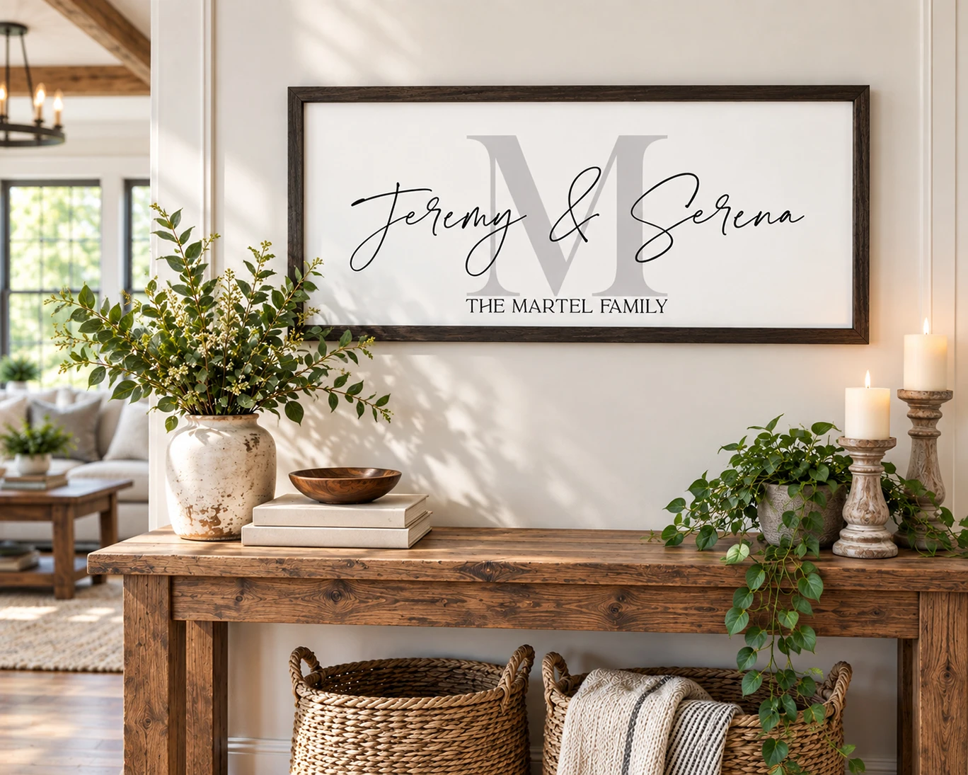 Framed personalized wood family name sign displayed as custom home decor