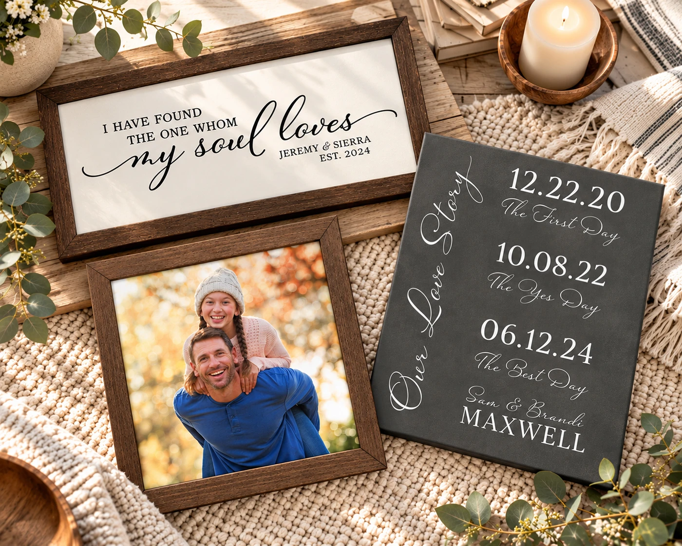 Personalized housewarming gift ideas featuring framed family artwork, a family photo print and a special dates canvas