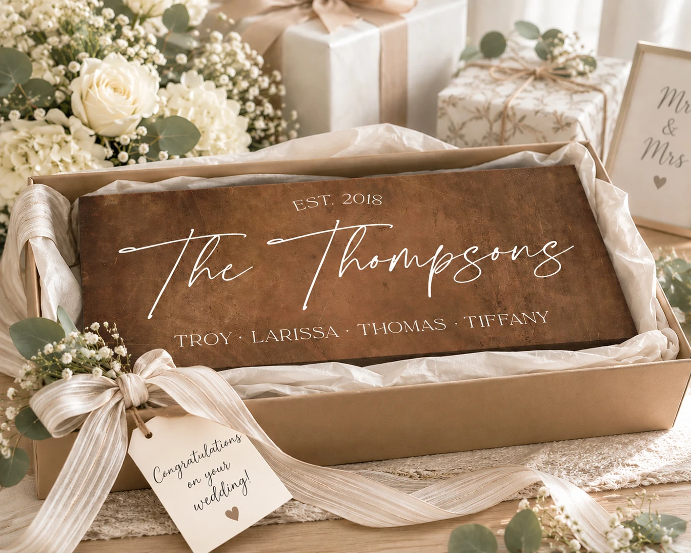 Personalized wood sign presented as a meaningful wedding gift alternative for newlyweds