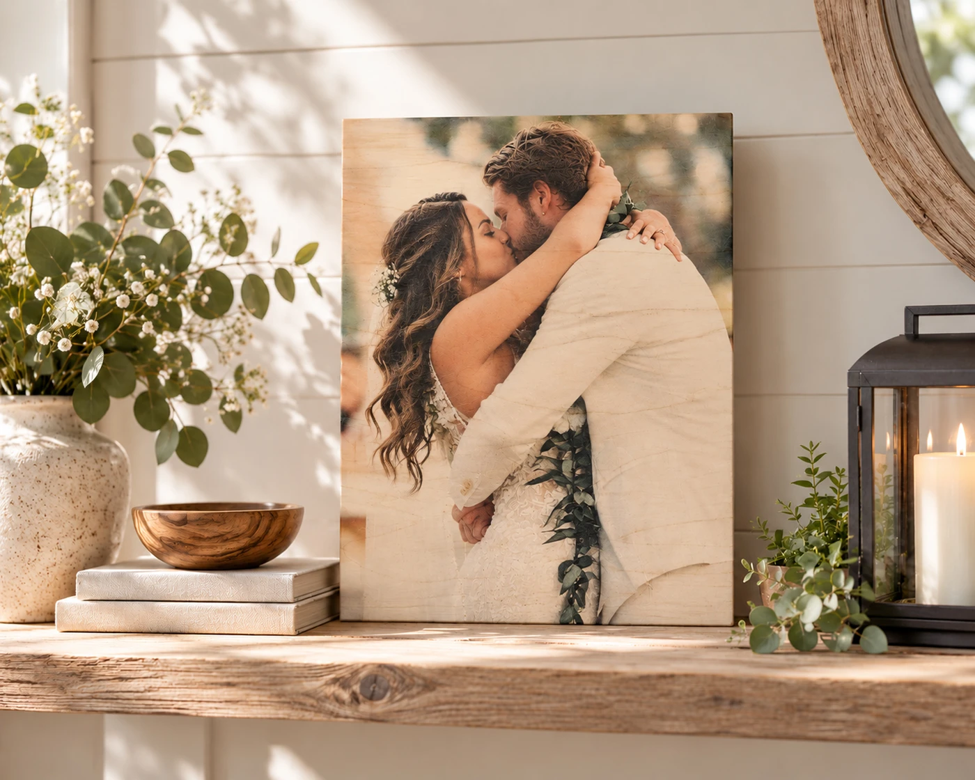 Wedding photo printed on wood as a personalized 5th anniversary gift idea