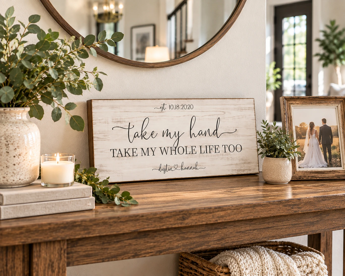 Personalized wedding sign displayed as wall decor in a newlywed couple's home