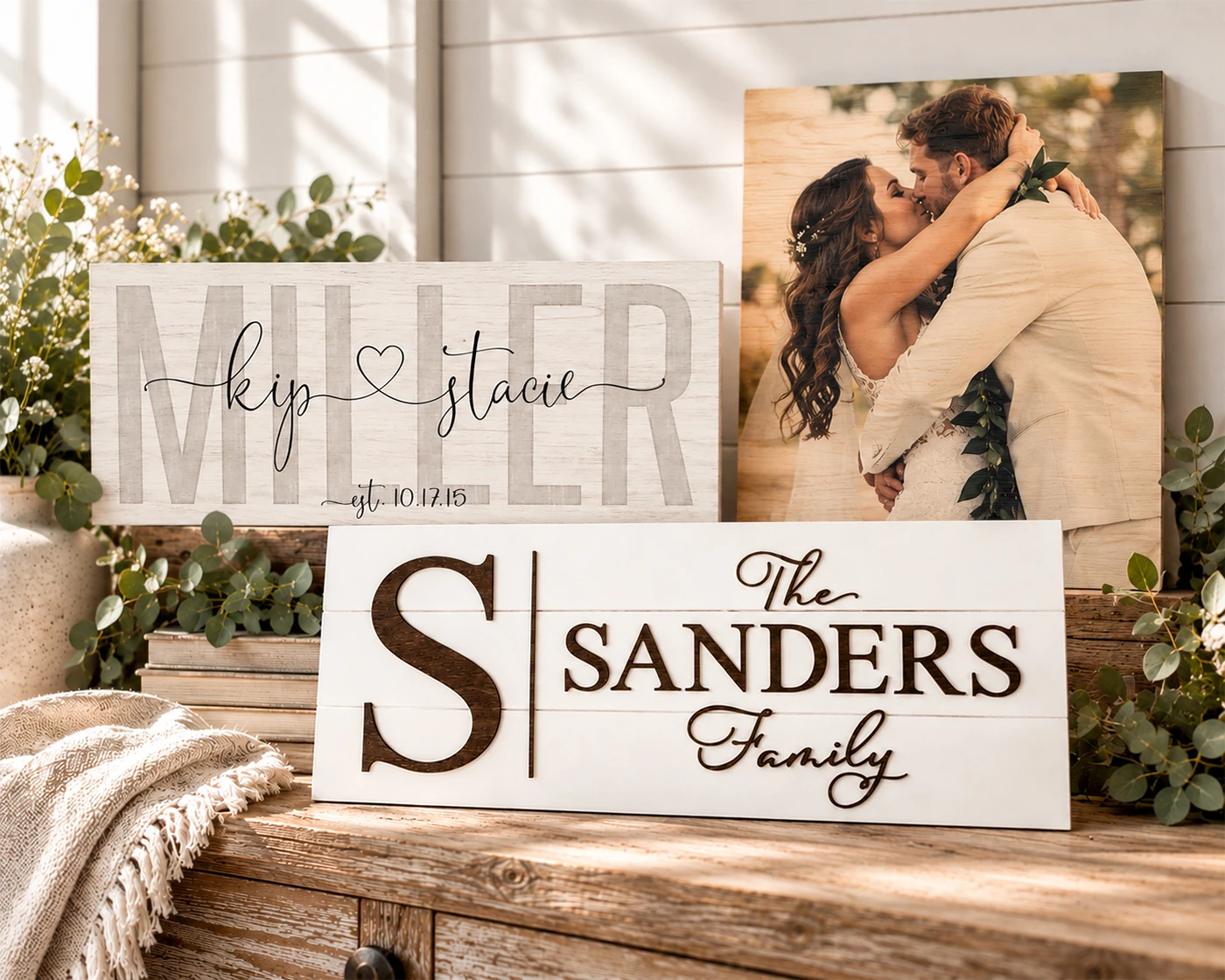 Personalized wood anniversary gift ideas including family name signs and a wedding photo print