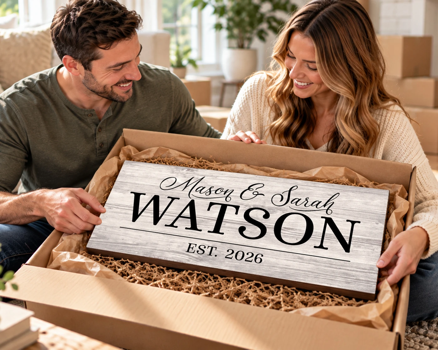 Couple opening a personalized wood family name sign as a housewarming gift