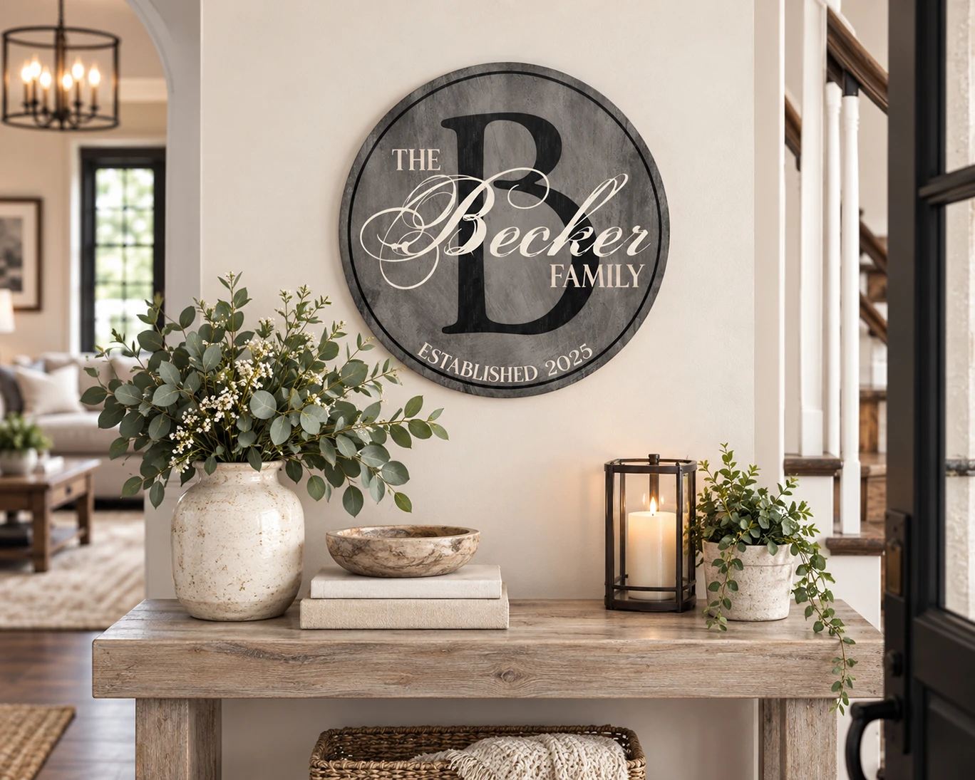 Personalized round family name sign displayed as wall decor in a newlywed home