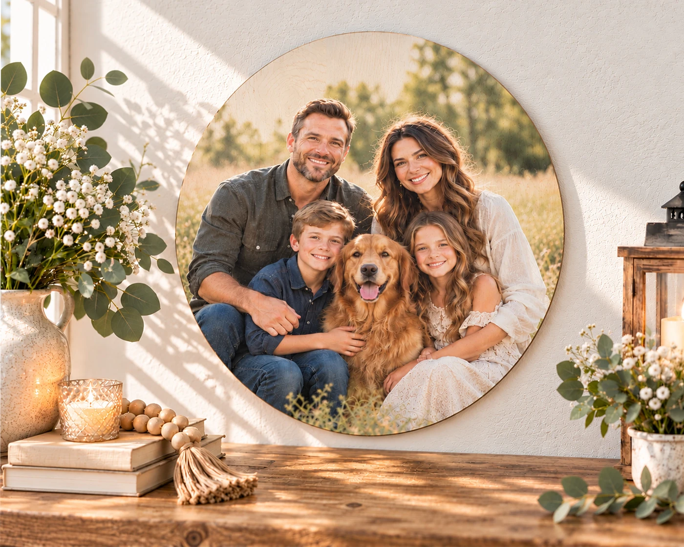 Personalized round family photo print on natural birch wood, a meaningful housewarming gift