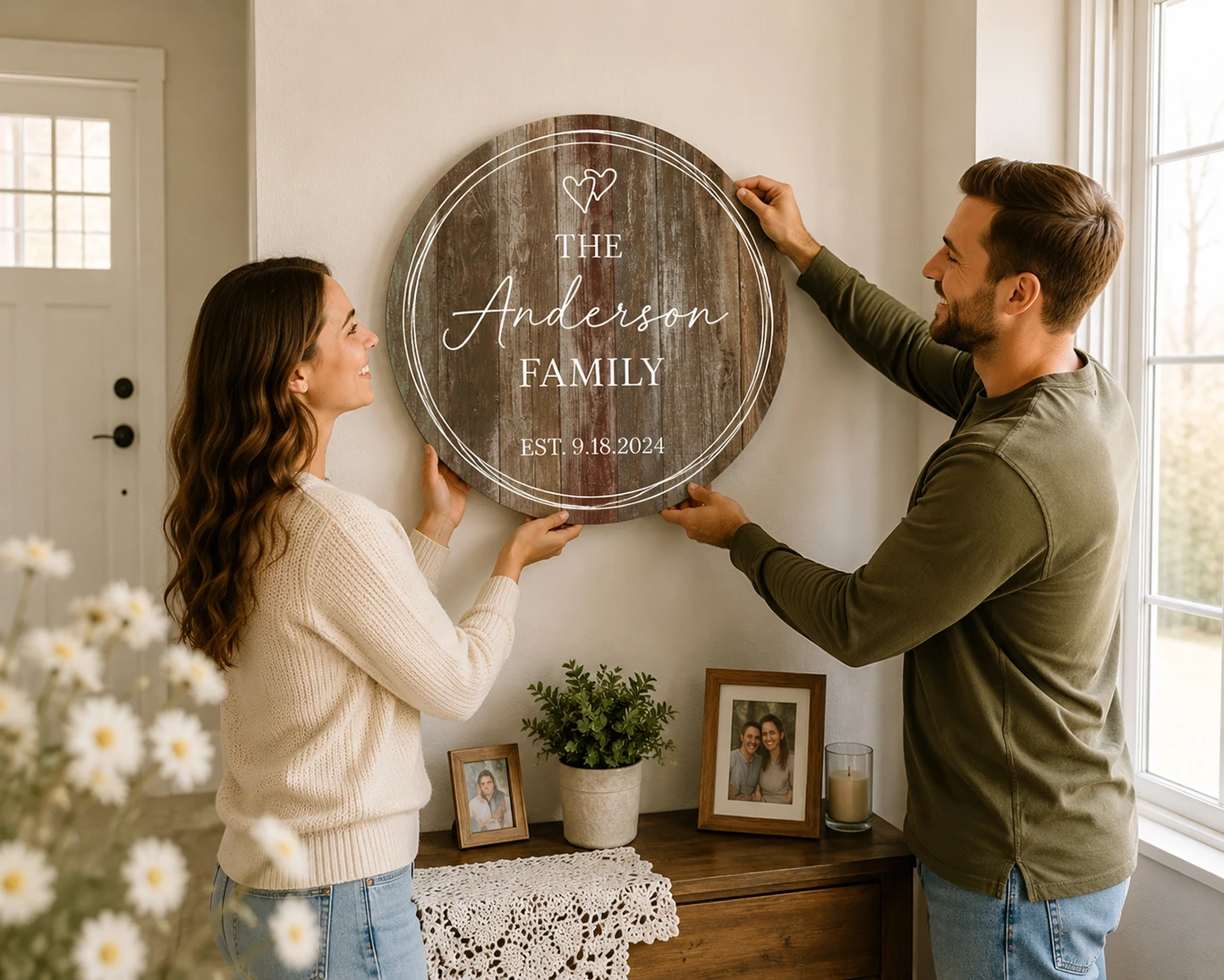 Round personalized wood family name sign displayed above an entryway console table