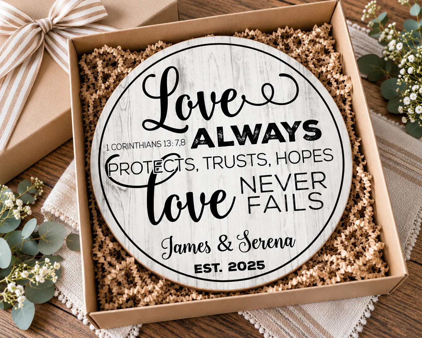 Personalized round wood family name sign packaged as a wedding or housewarming gift