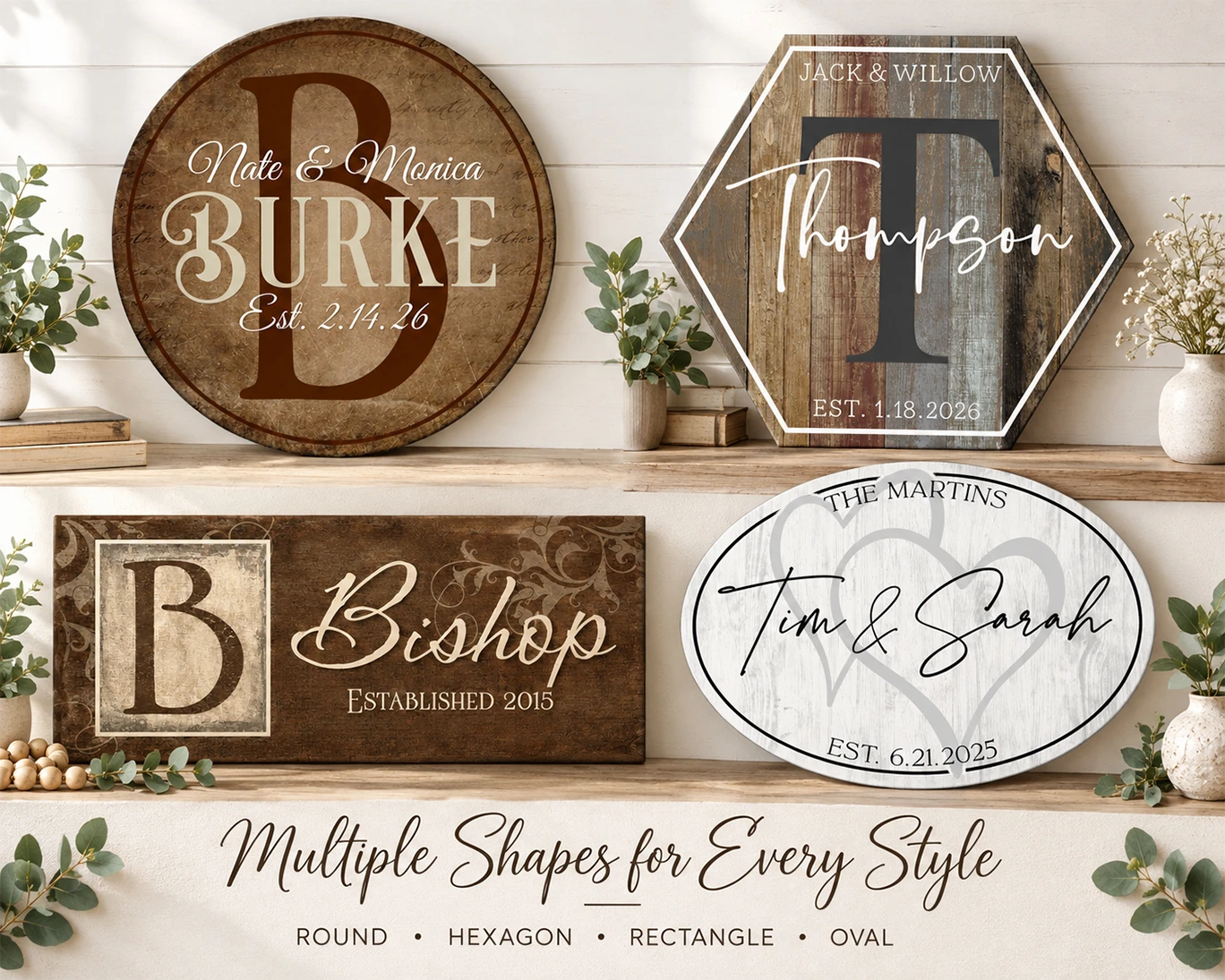 Personalized wood family name signs in round, rectangular and oval shapes