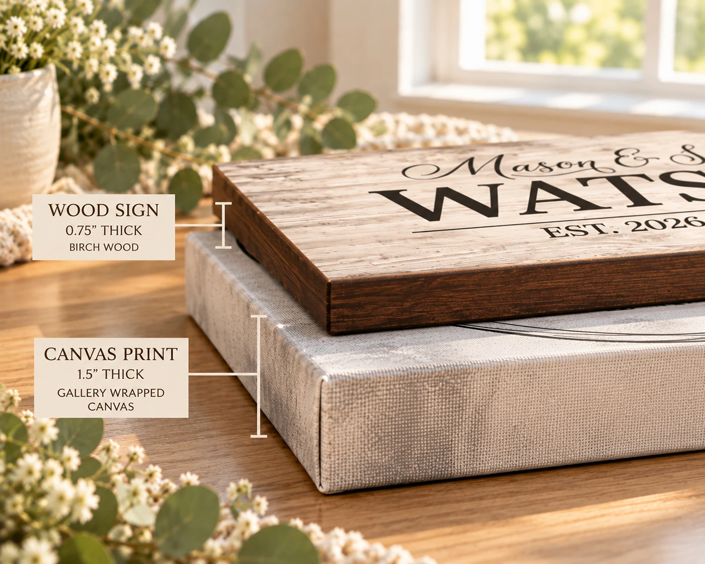 Close-up comparison of personalized birch wood and gallery-wrapped canvas family signs