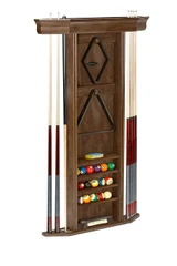 Brunswick Billiards Brunswick Heritage Wall Cue Rack, traditional wooden billiard cue storage unit with space for cues, pool balls, and accessories, designed for game room organization and decor.