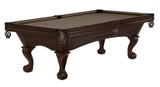 Brunswick Billiards Brunswick Glenwood Slate Pool Table in Espresso, a stylish and elegant pool table with a rich espresso finish, wooden carved legs, and a beige felt playing surface.