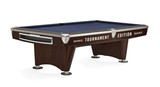 Brunswick Billiards Brunswick Gold Crown VI 9' Pool Table in Skyline Walnut Finish, with a blue felt surface, modern design, and metallic accents.