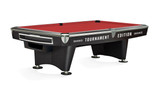 Brunswick Billiards Brunswick Gold Crown VI Tournament Slate Pool Table in Matte Black, with red playing surface and modern design.