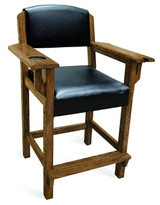 Brunswick Billiards Brunswick Traditional Player’s Chair with Espresso, Nutmeg, and Rustic Finishes, featuring wooden construction, black leather cushioning, and armrests with built-in cup holders.