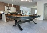 Plank & Hide Co Axton Steel Pool Table, sleek black and steel pool table in modern home interior.