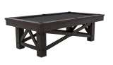 Plank & Hide Co McCormick Pool Table Smokehouse – Plank & Hide | Free Install, a dark wooden pool table with a black felt surface and sturdy wooden legs.